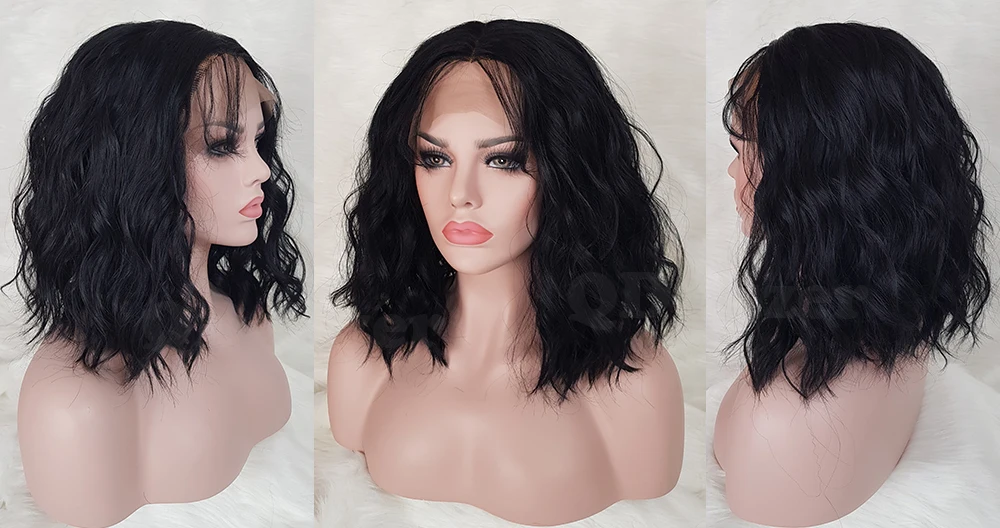 QD-Tizer Black Color Short Wavy Synthetic Lace Front Wig Glueless with Baby Hair Loose Wave Heat Resistant Synthetic Lace Front Wigs6