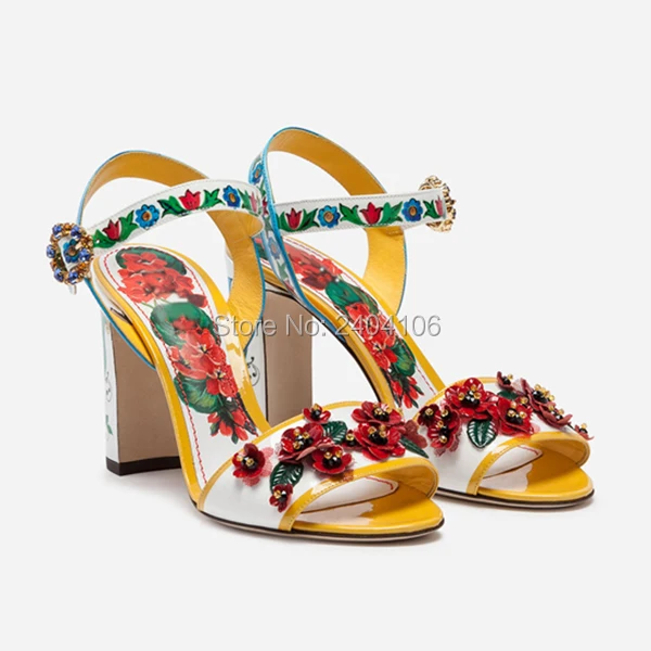 New Bright Floral Print Leather Sandale Femme Rhinestone Buckle Strap Open Toe Block Heel Shoes Women Appliques Summer Sandals
New Bright Floral Print Leather Sandale Femme Rhinestone Buckle Strap Open Toe Block Heel Shoes Women Appliques Summer Sandals