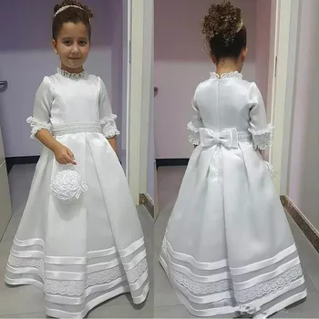 High Collar Half Sleeves White Satin Flower Girl Dress with Beading Appliques Bow Zipper Back Elegant Princess Dress Party Gowns
High Collar Half Sleeves White Satin Flower Girl Dress with Beading Appliques Bow Zipper Back Elegant Princess Dress Party Gowns