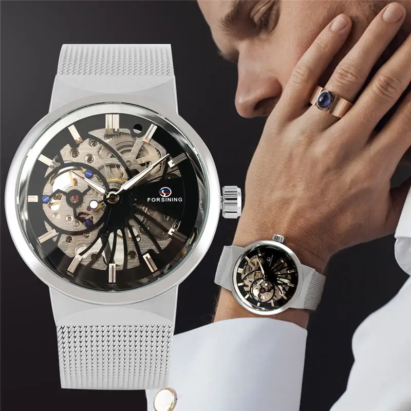 Men Mechanical Watch Silver Steel Mesh Strap Stainless Steel Hand Wind Skeleton Mechanical Wristwatch Tevise uhren herren 
Men Mechanical Watch Silver Steel Mesh Strap Stainless Steel Hand Wind Skeleton Mechanical Wristwatch Tevise uhren herren