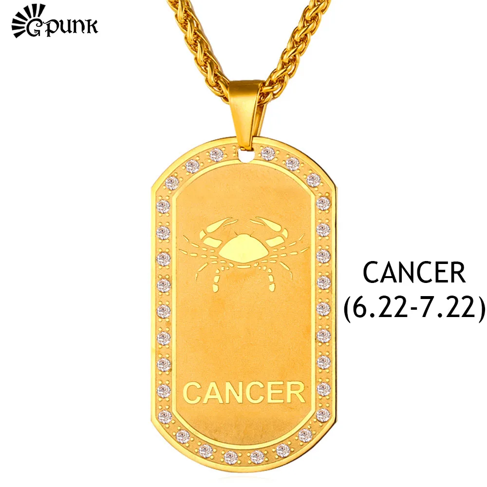 Image Cancer Zodiac Necklace   Pendant Dog Tag Pendant Astrology Horoscope Crystal Rhinestone  Women Men Constellation Jewery  P1824G