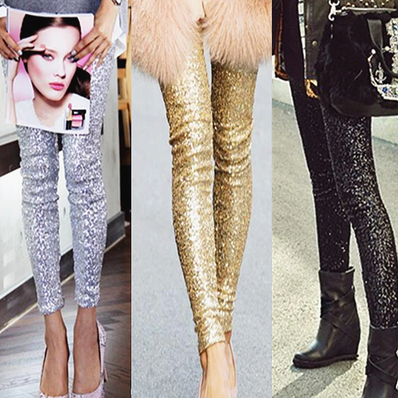 

Women gold silver black sequins leggings pants big yards entire Europe and America fashion Feminina Slim thin buttock leggins