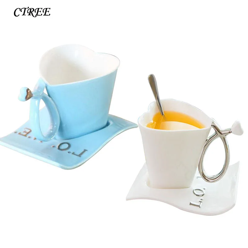 

CTREE 1Pc Fashion Heart Shape Mug Creative Ceramic Coffee Cups Set Coffee Cup+Saucer Loves Tea Cup Set For Couple Mugs Gift C374