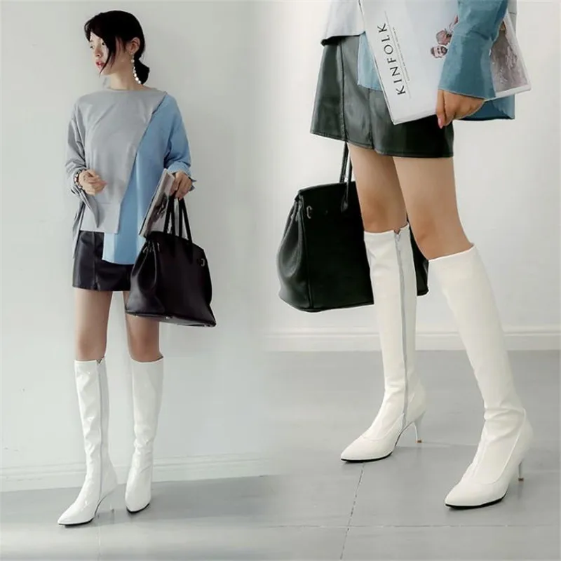 Fashion Japanned Leather Side Zip Platform High Heels Knee High Boots Sexy Steel Pipe Dance Boots Big Size 32-46 Long Boots Shoe (34)