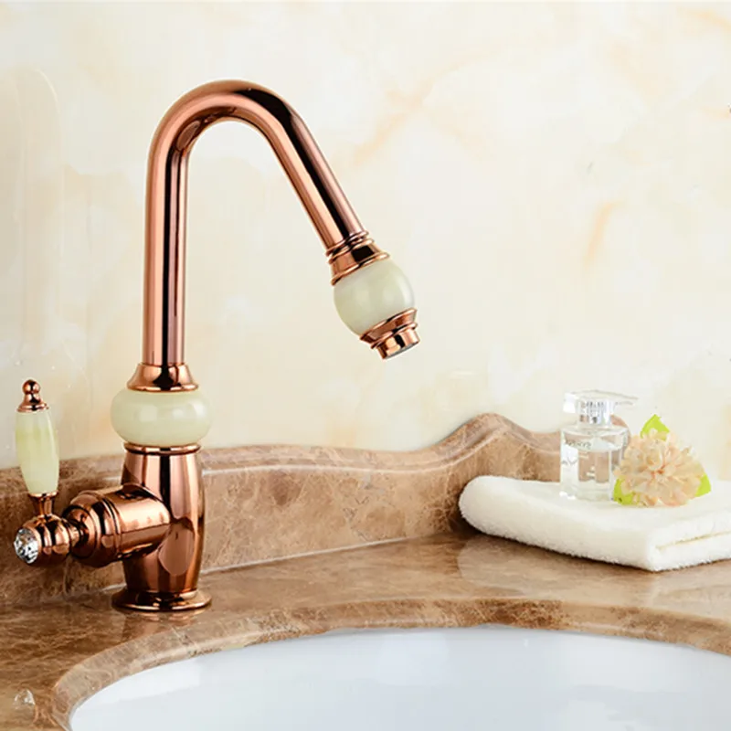 Bathroom Faucets Rose Gold Brass Pull Out Tap Luxury Basin Faucet With Jade Shower Head Cold Hot Water Sink Mixer Taps | Обустройство