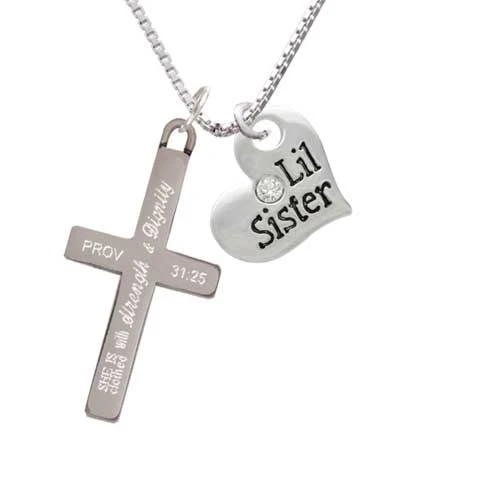 Large ''Lil Sister'' Heart with Clear Crystal - Strength and Dignity - Cross Necklace (1)