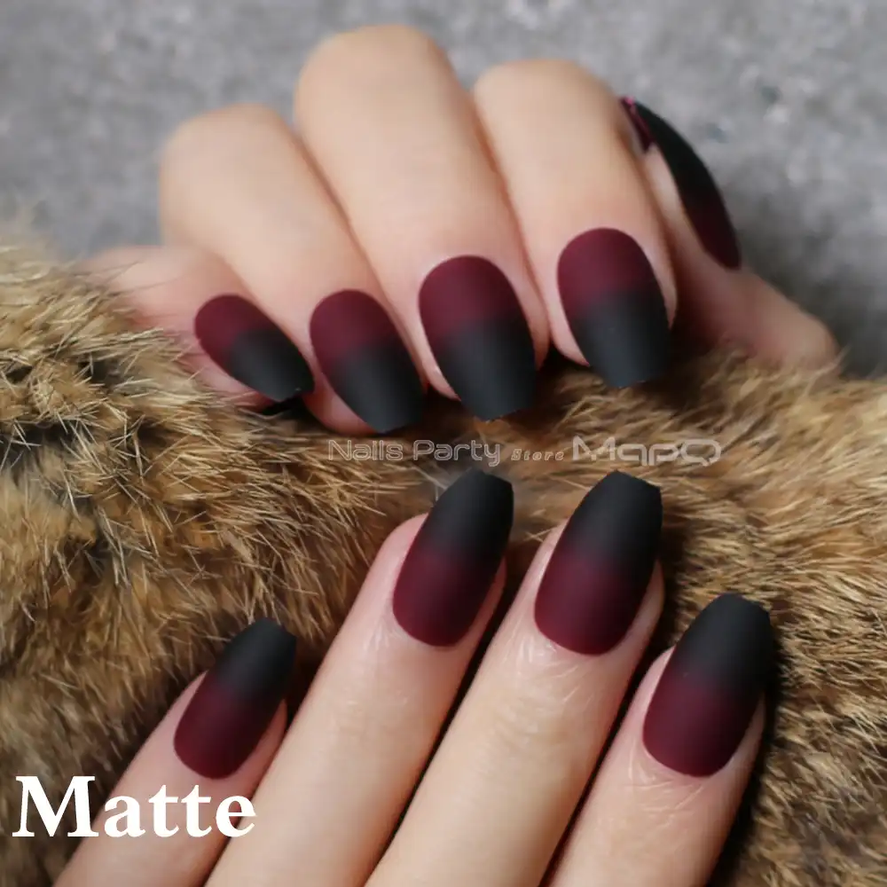 Coffin Matte Red Black Gradient Fake Nail Glossy Nails Black