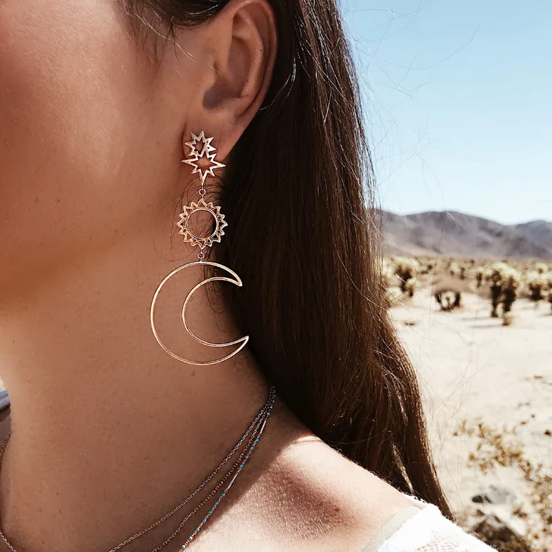 LE SKY New Fashion Vintage Bohemia Jewelry Alloy Gold Silver Hollow Asymmetric Star Moon Sun Earrings for Women Jewelry
LE SKY New Fashion Vintage Bohemia Jewelry Alloy Gold Silver Hollow Asymmetric Star Moon Sun Earrings for Women Jewelry