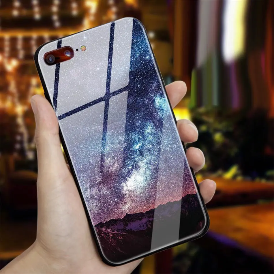 TOMKAS Star Sky Pattern Glass Case For iPhone X 7 8 6 6 s Cover Phone Cases For iPhone 7 8 6 6s Plus X Case Silione TPU PC Coque (2)