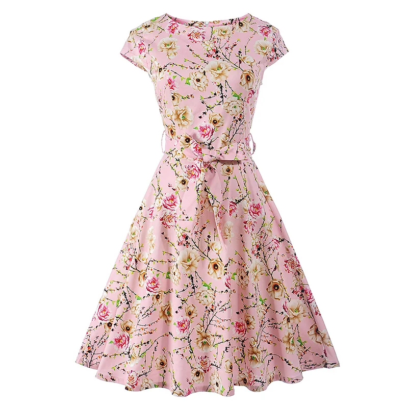 Kostlish Floral Print Summer Sundress 2017 Short Sleeve Belt Tunic Vintage Dress Women Elegant Swing Rockabilly Party Dresses (9)