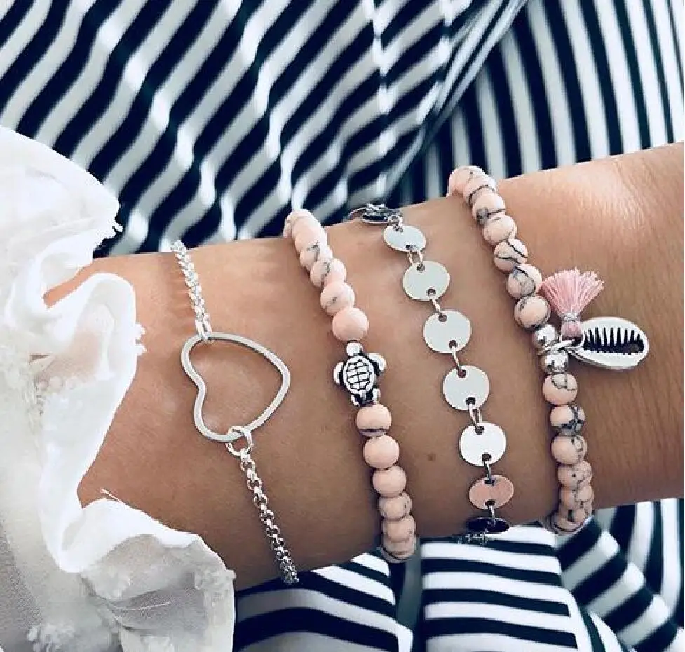pack of 4 personality faux stone beads bangle bracelet with metal shell and cutout heart design in mixed link chains
pack of 4 personality faux stone beads bangle bracelet with metal shell and cutout heart design in mixed link chains