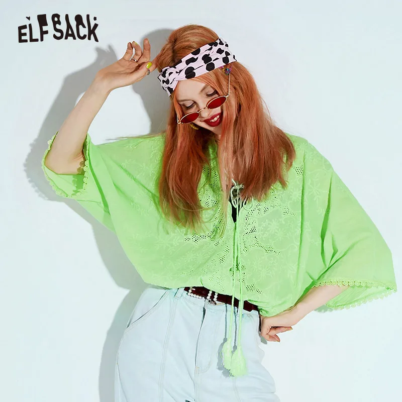 ELF SACK Cotton Casual Lace up Women Shirt Fashion Hollow Out Neon Green V-Neck Oversized Female Tops 2019 Summer Elegant Shirts
ELF SACK Cotton Casual Lace up Women Shirt Fashion Hollow Out Neon Green V-Neck Oversized Female Tops 2019 Summer Elegant Shirts