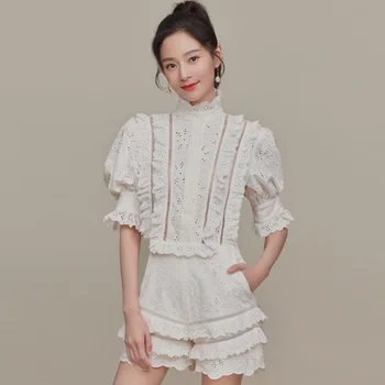 HANZANGL Newest 2019 White Openwork Lace Slim Vacation Jumpsuit Embroidered Ruffled Shorts Suit