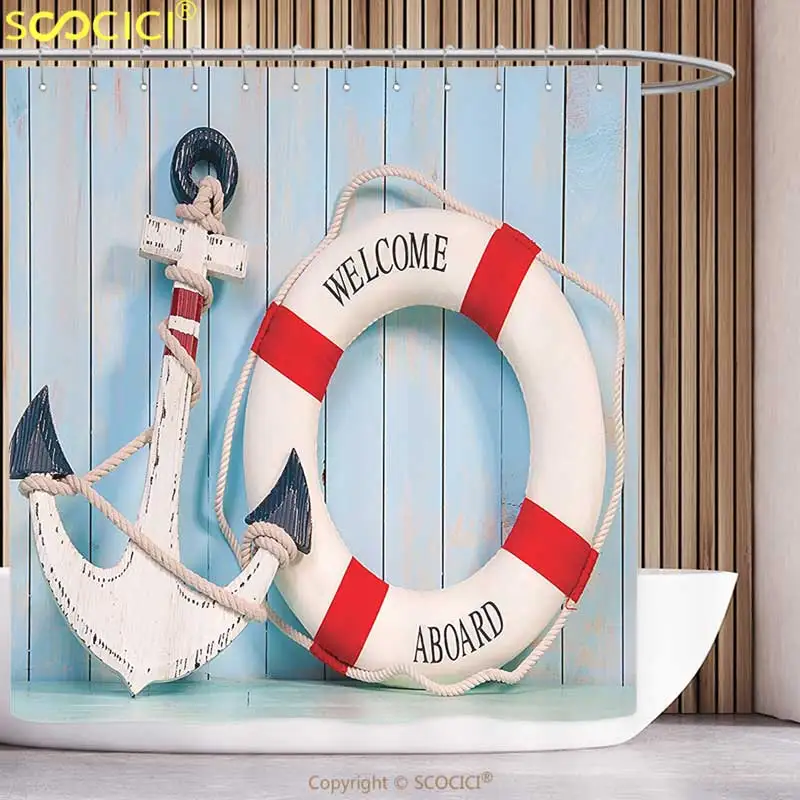 Waterproof Shower Curtain Buoy Decor Anchor and Stripe Lifebuoy Siding Vertical on Shabby Wall Boards Classic Style Red Navy
Waterproof Shower Curtain Buoy Decor Anchor and Stripe Lifebuoy Siding Vertical on Shabby Wall Boards Classic Style Red Navy