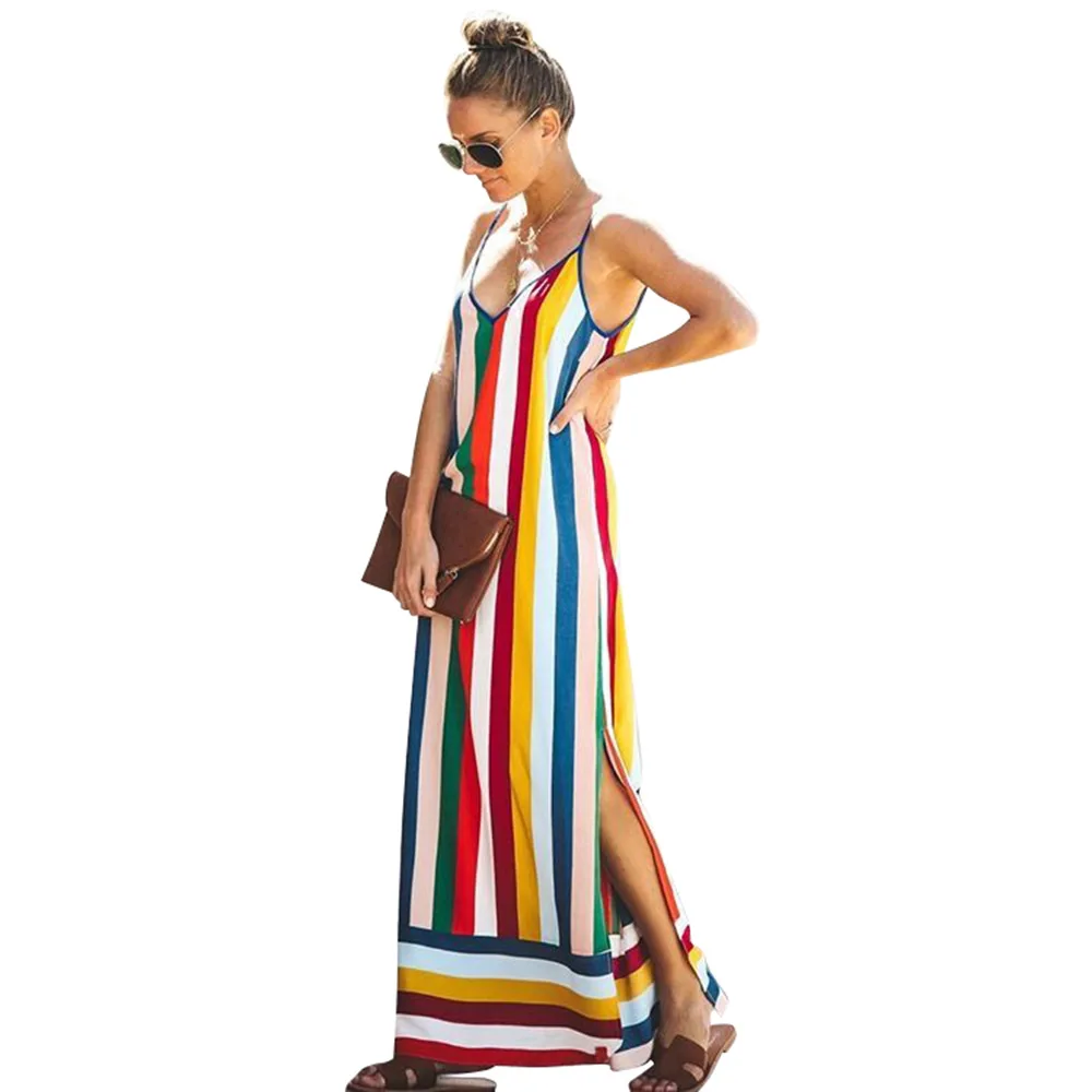 2019 New Summer Fashion Women V-Neck Backless Sleeveless Colorful Striped Patchwork Floor-Length Dress
2019 New Summer Fashion Women V-Neck Backless Sleeveless Colorful Striped Patchwork Floor-Length Dress
