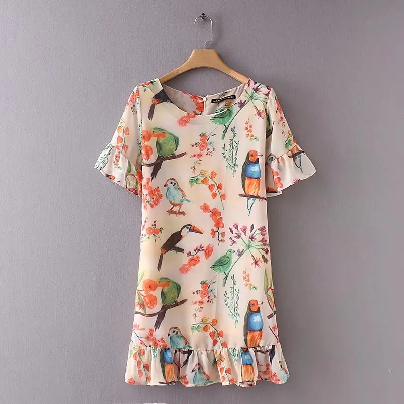 2018 women vintageo o neck birds and floral print chiffon mini dress elegant summer dress ruffles casual Vestido estampado DS567
2018 women vintageo o neck birds and floral print chiffon mini dress elegant summer dress ruffles casual Vestido estampado DS567