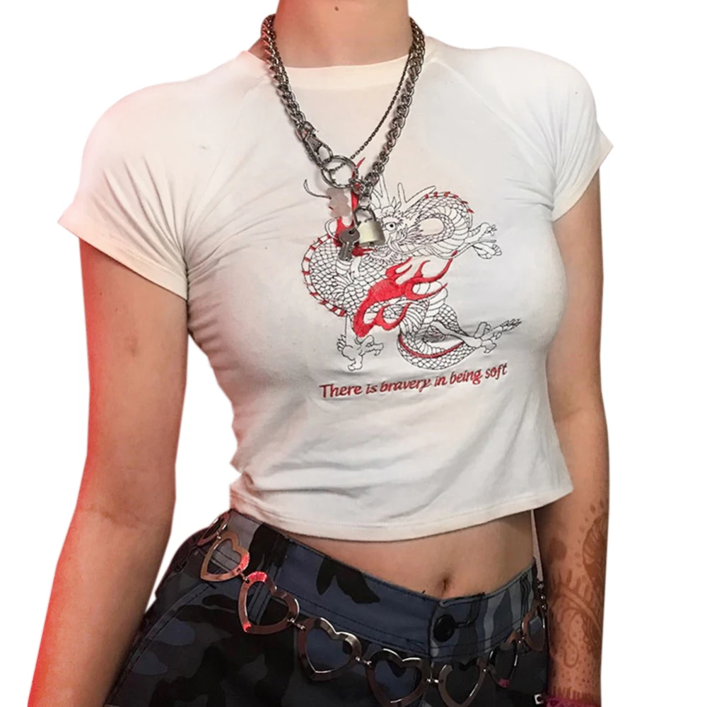 Womens New White Cropped Short Sleeve T Shirt Women Letter Dragon-Shaped Embroidered Streetwear Summer Paragraph Navel Tights
Womens New White Cropped Short Sleeve T Shirt Women Letter Dragon-Shaped Embroidered Streetwear Summer Paragraph Navel Tights