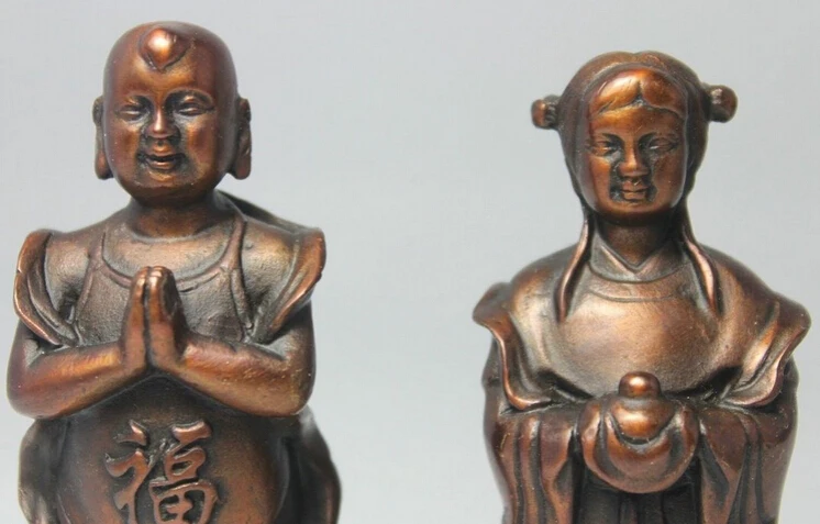 JP S0524 China Chine Fengshui Bronze Stand Tongzi Boy Girl Gal pray Bless Statue Pair F