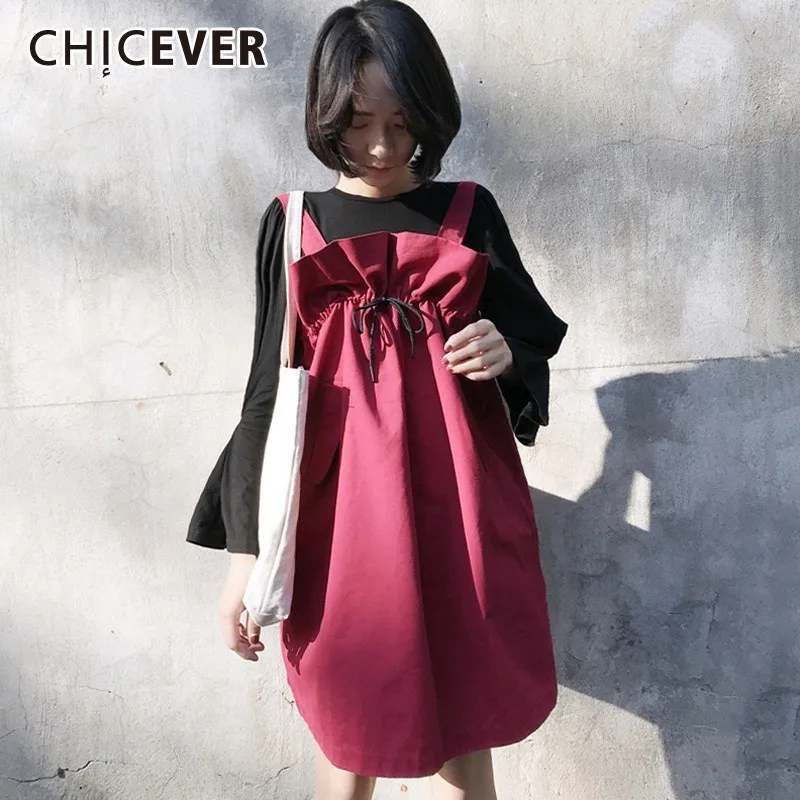 CHICEVER Two Piece Set O Neck Flare Sleeve Black Tops Female T-shirts Suspender Ruffles Vintage Denim Dresses Oversize Clothes
CHICEVER Two Piece Set O Neck Flare Sleeve Black Tops Female T-shirts Suspender Ruffles Vintage Denim Dresses Oversize Clothes