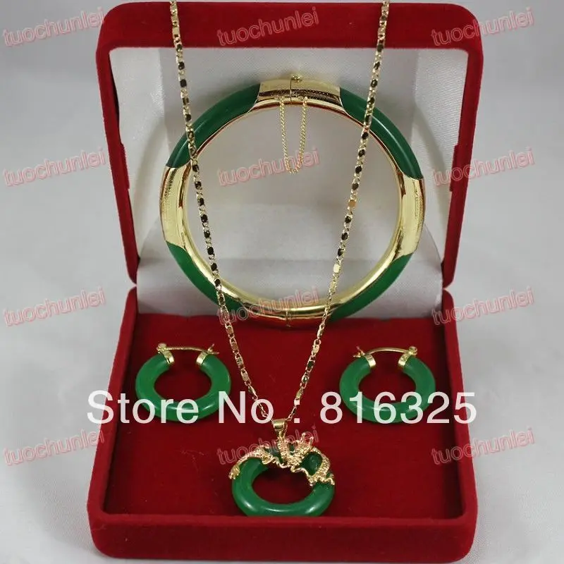 

hot sell new - Fast SHIPPING Wonderful Green Jade Circle Dragon Pendants Necklace Earring Bracelet Set (A0511)