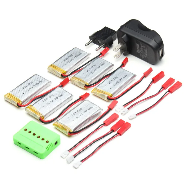 

6pcs * EBOYU 3.7V 750MAH 25C JST Lipo Battery & 1 to 6 USB Balance Charger For H12C DFD F181 MJX X400 RC Quadcopter Drone