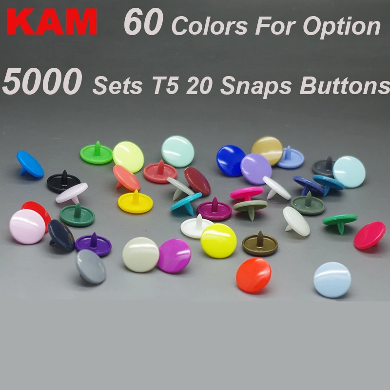 

5000 sets 60 Colors for option Wholesale KAM Round Snap Button Brand 20 T5 12mm Glossy plastic Fastener buttons for Diaper DIY