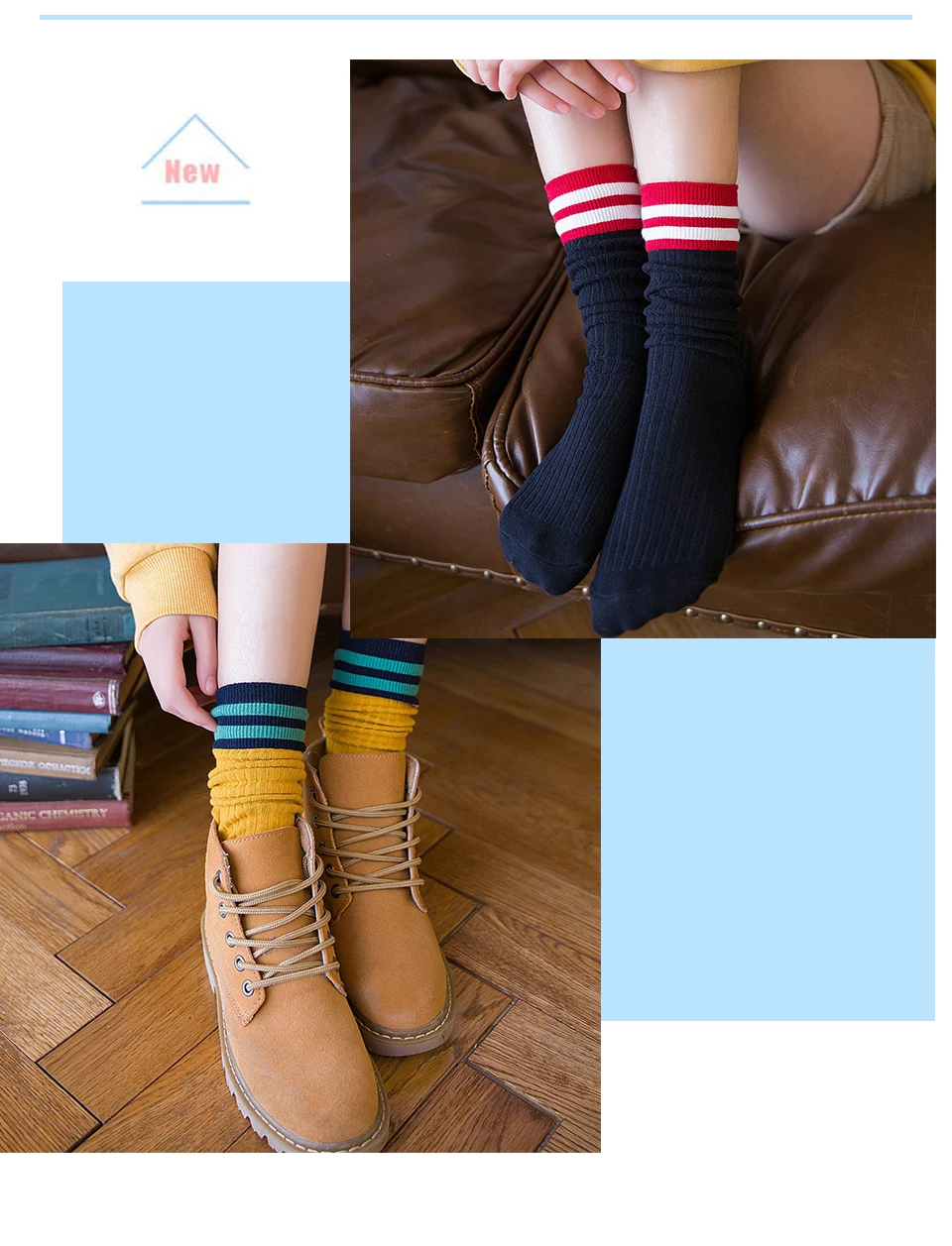 Harajuku Autumn And Winter Warm Fashion Two Bar Stripes Casual Cute Female New Pile In Tube Socks Cotton Japan and South Korea (10)