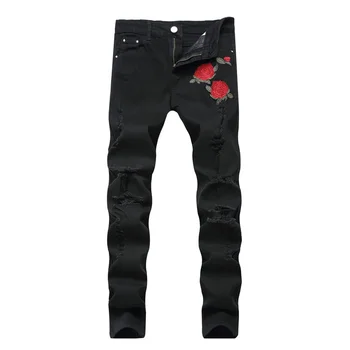 2019 new men's embroidered jeans fashion rose hole sanding black trousers slim waist straight tube feet stretch pants
2019 new men's embroidered jeans fashion rose hole sanding black trousers slim waist straight tube feet stretch pants