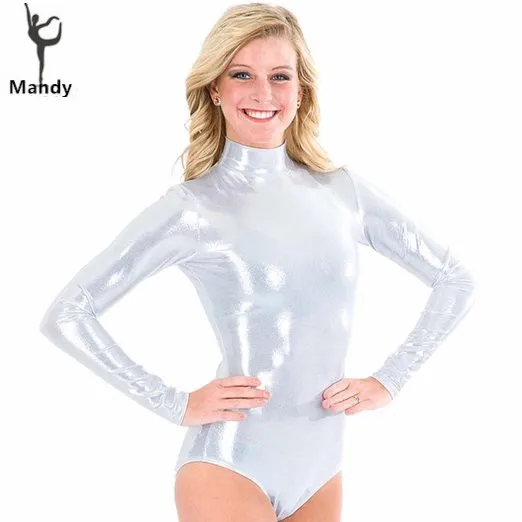 

Mandy Adult Silver Turtleneck Shiny Lycra Gymnastics Leotard Costumes For Girls Ballet Dance Long Sleeve Metallic Unitard Zip Up