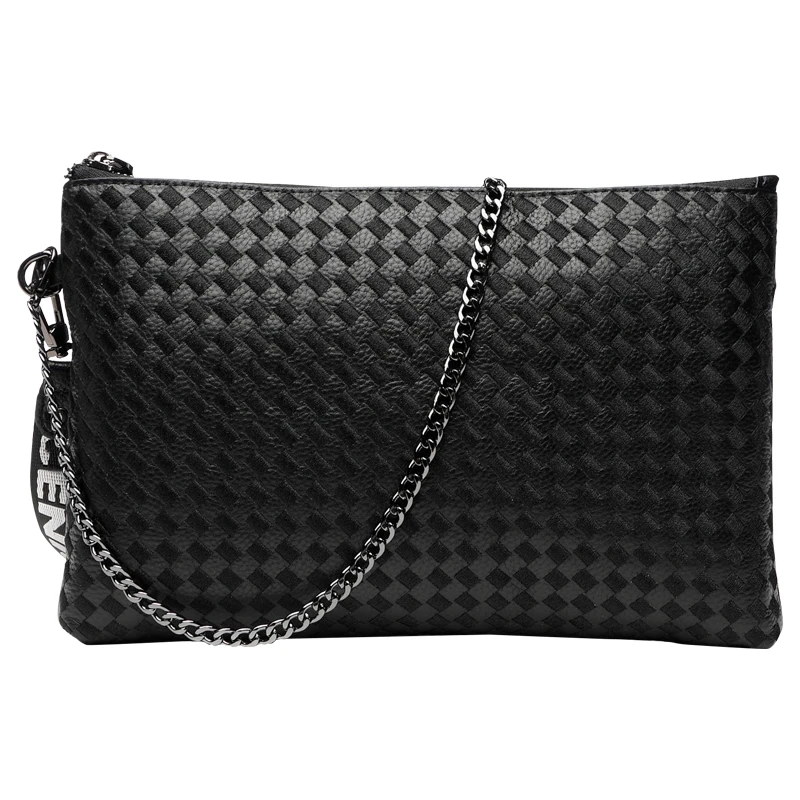 

Genuine Leather Weave Diamond Lattice Women Banquet Bag Clutch Wallet Purse Chains Shoulder Crossbody Bag Wristlet Handbag Black