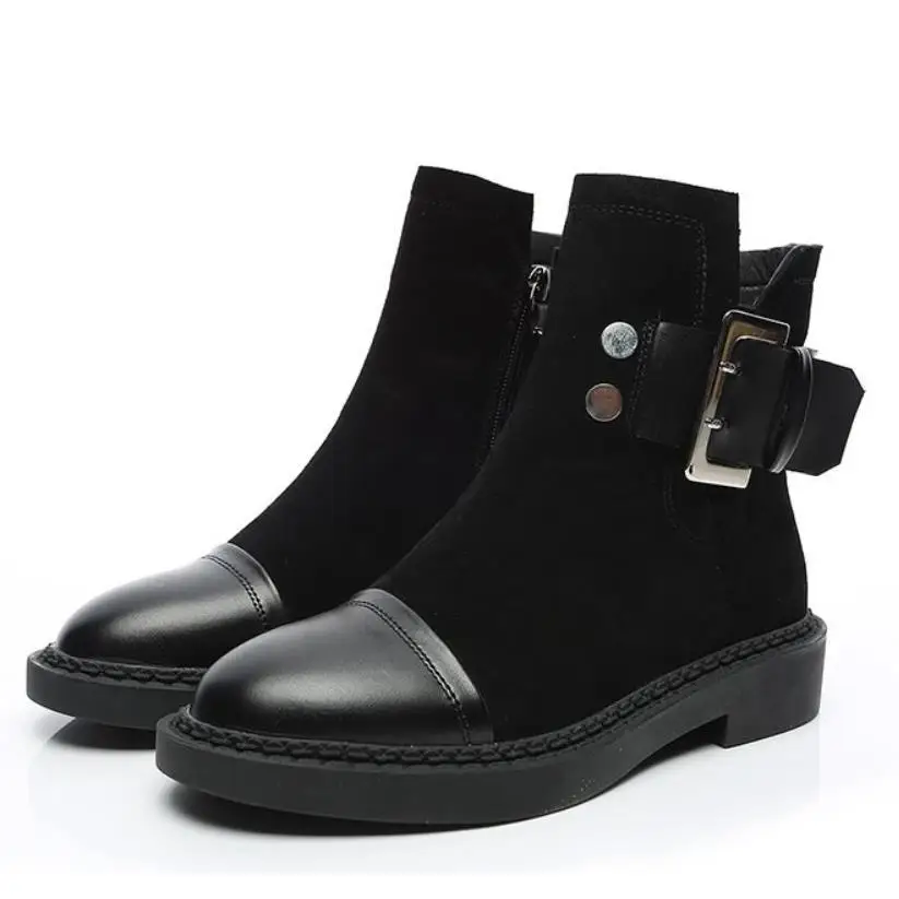 MoBeiNi 2018 Leather ladies boots winter and ankle boots female round head women's shoes casual boots flat shoes Martin boots
