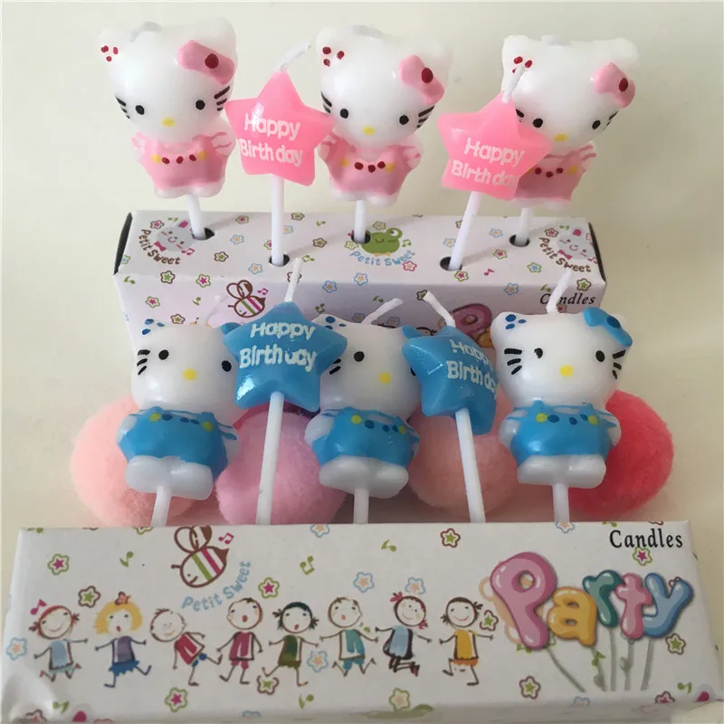 Image 5Pcs Birthday Cake Candles hello kitty lovely Cartoon Birthday Cake Candles Assorted Colored Flames Safe Taper party Decorations