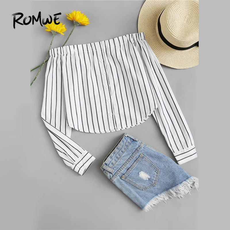 ROMWE Off Shoulder Single Breasted Striped Buttons Top Women Spring Autumn Long Sleeve Blouse White Casual Sexy Blouse
ROMWE Off Shoulder Single Breasted Striped Buttons Top Women Spring Autumn Long Sleeve Blouse White Casual Sexy Blouse