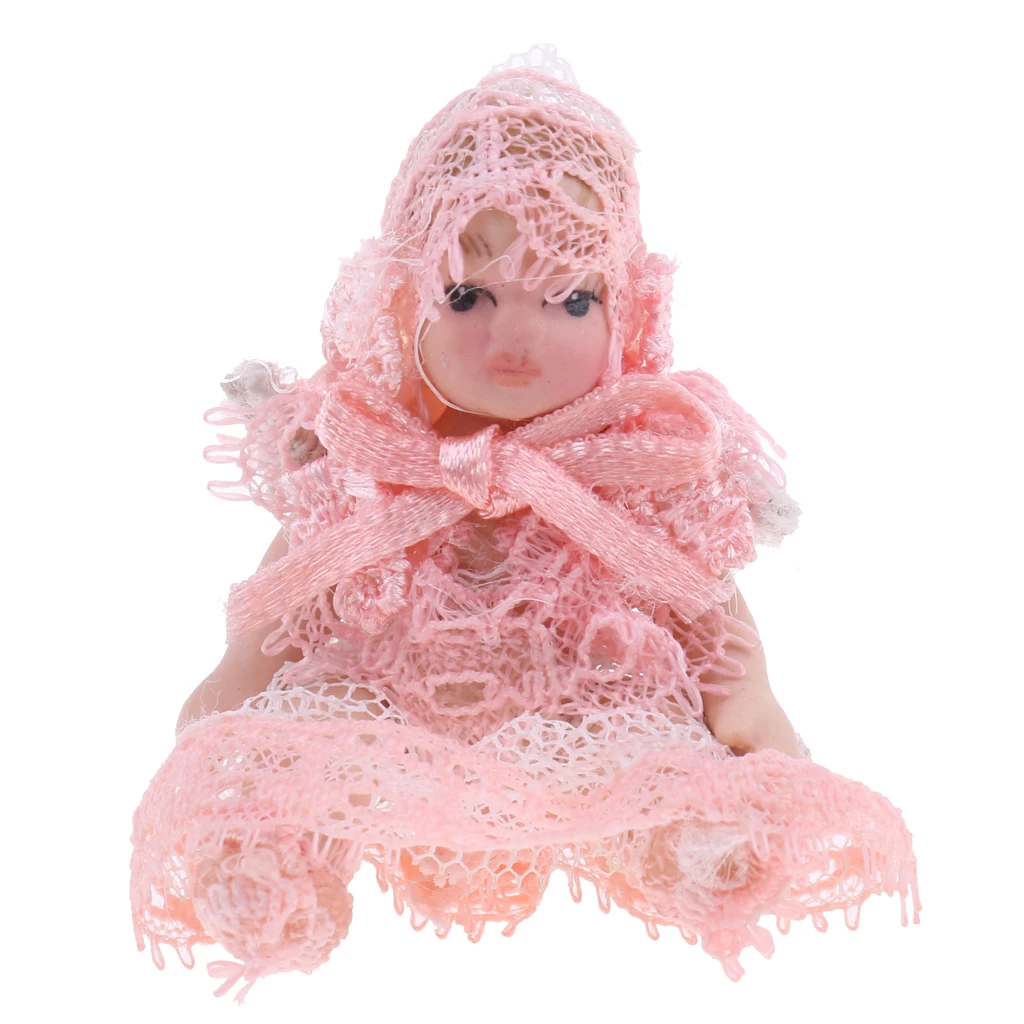 1/12 Scale Dollhouse Miniature People Figures Porcelain Baby Toddler Doll in Pink Lace Dress Rooms Accessories