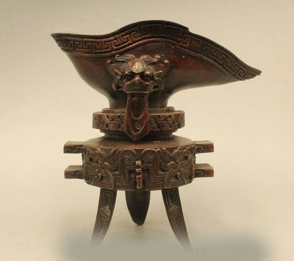 DS 7"China Chinese Dynasty Palace Bronze emperor 3 Legs Dragon Head Wine Cup Goblet