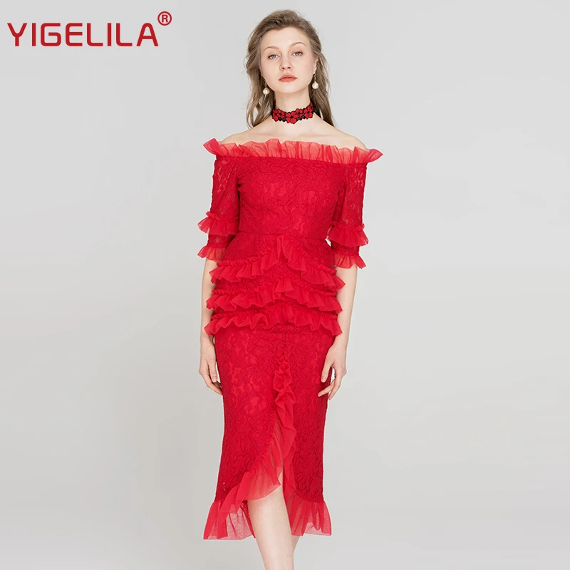 YIGELILA Fashion Women Red Lace Dress Solid Slash Neck Off Shoulder Half Sleeve Empire Slim Mid Length Bodycon Party Dress 63447
YIGELILA Fashion Women Red Lace Dress Solid Slash Neck Off Shoulder Half Sleeve Empire Slim Mid Length Bodycon Party Dress 63447