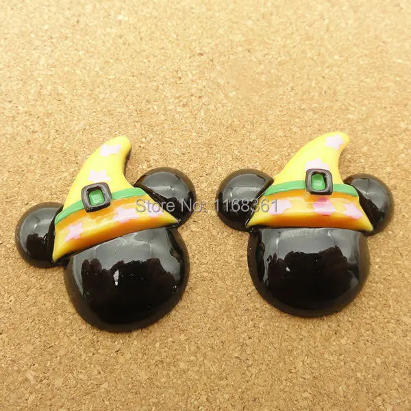 1pcs/lot resin flat back Halloween Mickey with yellow hat 30mm Cabochons Hair Bow Center DIY Christmas decration C118-6