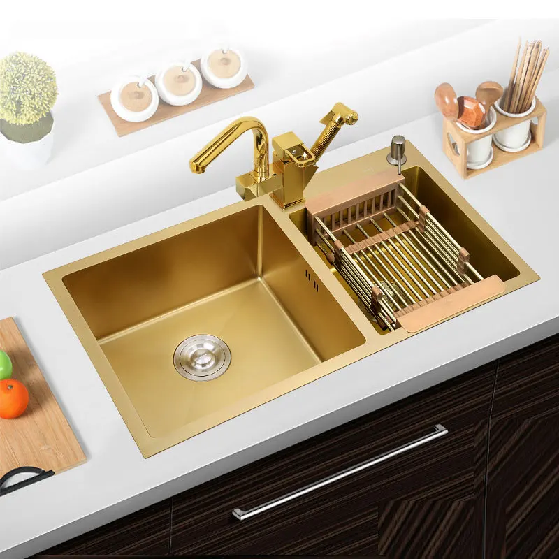 Kitchen Sink 4mm 304Stainless Steel Gold Thickened Double Bowl with Faucet Above Counter undermount Sinks Vegetable Washing sink
Kitchen Sink 4mm 304Stainless Steel Gold Thickened Double Bowl with Faucet Above Counter undermount Sinks Vegetable Washing sink