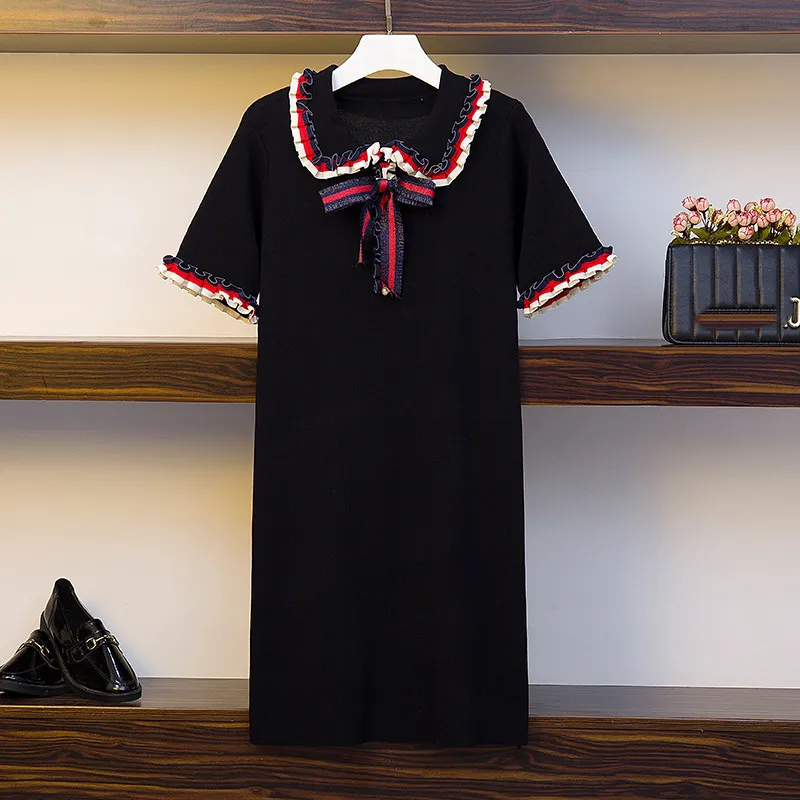 Summer New Fashion Wild Knit Dress Female black slim Turn-Down Collar short-sleeved Casual Bow Patchwork Loose T-shirt Dress
Summer New Fashion Wild Knit Dress Female black slim Turn-Down Collar short-sleeved Casual Bow Patchwork Loose T-shirt Dress