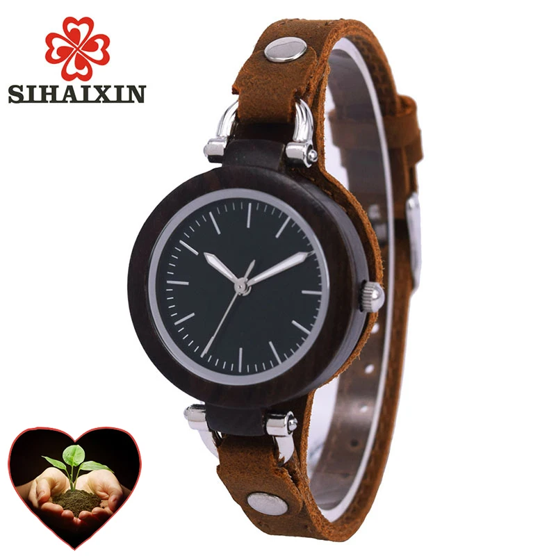 Высококачественные черные кожаные часы с браслетом Деревянные маленькие для