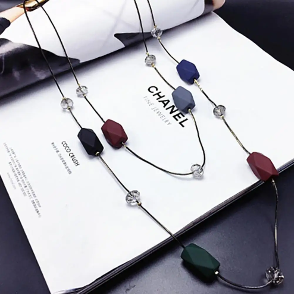 

Fashion Concise Double Layers Geometry Beads Necklace Long Sweater Chain Women Ornament bling
