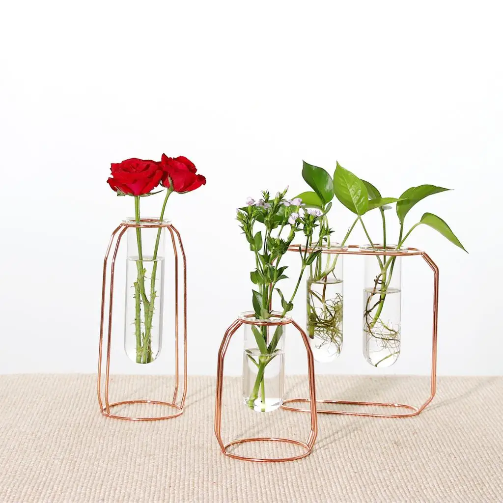 Glass Hydroponic Plant Water Flower Vase with Iron Stand for DIY Art Decoration Creative Gifts