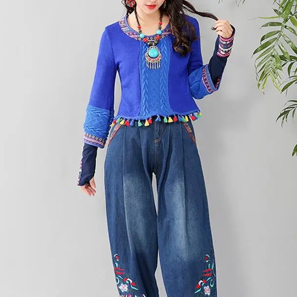 Women pullover female 2018 autumn spring Mexico style hippie tribe ethnic blue knit patchwork embroidery t shirt top DF397
Women pullover female 2018 autumn spring Mexico style hippie tribe ethnic blue knit patchwork embroidery t shirt top DF397