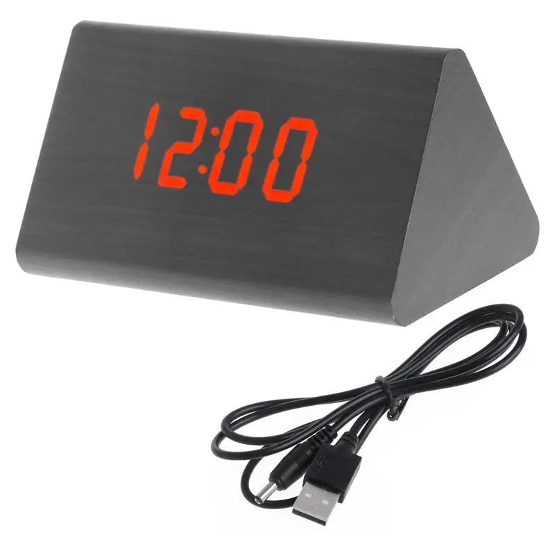 Shellhard Useful LED Display Sound Voice Control Alarm Clocks Snooze Simple Wooden Desk Clock with USB Cable for Home Bedroom