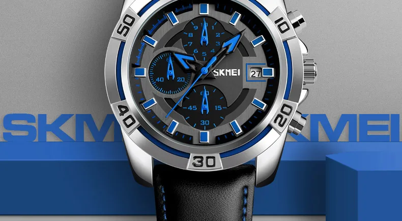 SKMEI 9156 Watch Men Leather Military Quartz Wristwatch Waterproof Outdoor Sports Watches