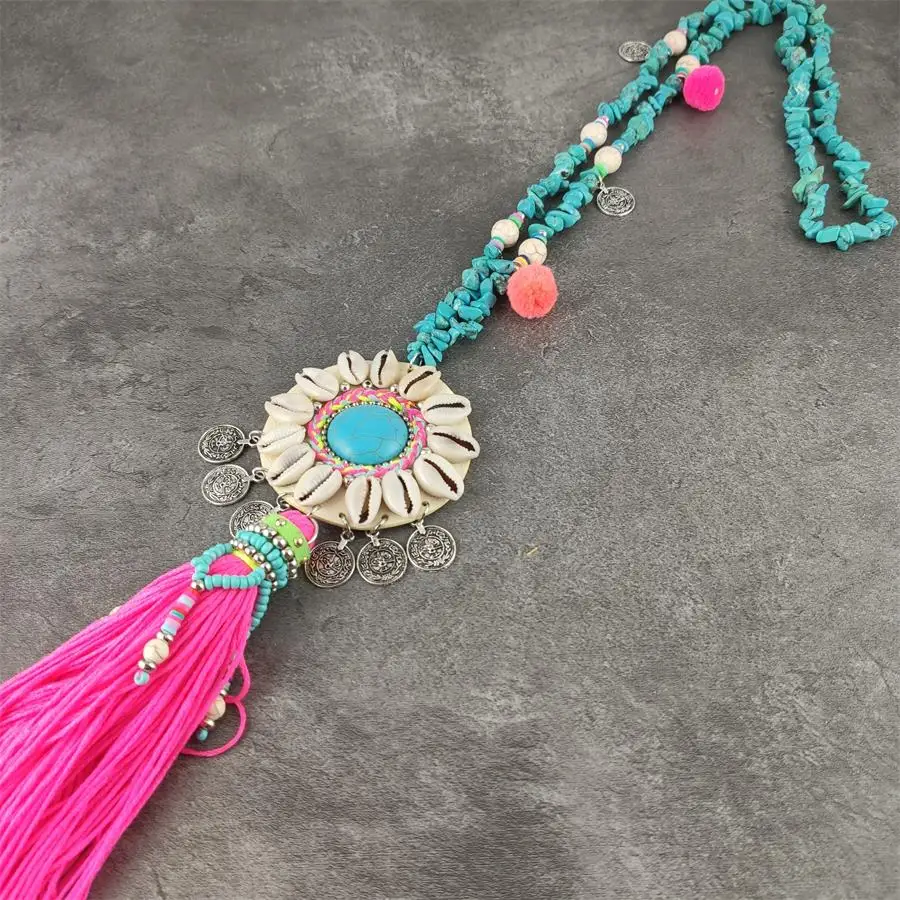 

New handmade weave pendant Necklace Boho stone Bead chain unique Bohemia long fringe pendants Necklaces for summer women