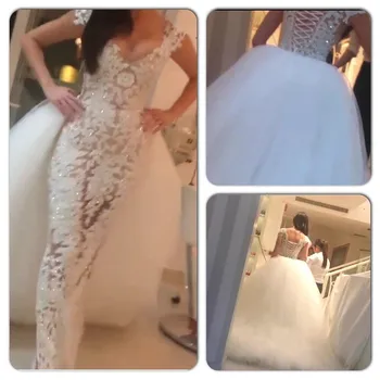 Vestidos De Novia Sheath V Neck Beaded Prom Gown with Puffy Detachable Train Two-in-One Style Sexy Lace Wedding Party Dresses
Vestidos De Novia Sheath V Neck Beaded Prom Gown with Puffy Detachable Train Two-in-One Style Sexy Lace Wedding Party Dresses