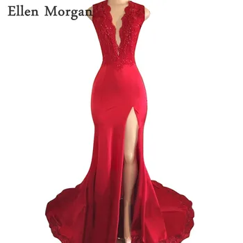 Red Backless Mermaid Prom Dresses 2019 for African Black Girls Lace V Neck Split Elsatic Satin Vestido De Festa for Party Gowns
Red Backless Mermaid Prom Dresses 2019 for African Black Girls Lace V Neck Split Elsatic Satin Vestido De Festa for Party Gowns