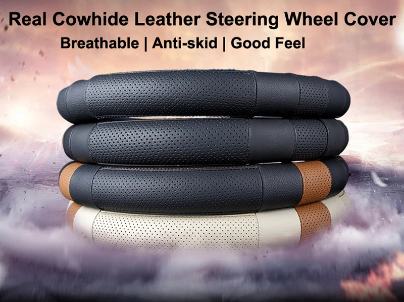 01 Car Steering Wheel Cover Genuine Cowhide Leather Anti-slip Universal Car-Styling Steering-wheel
