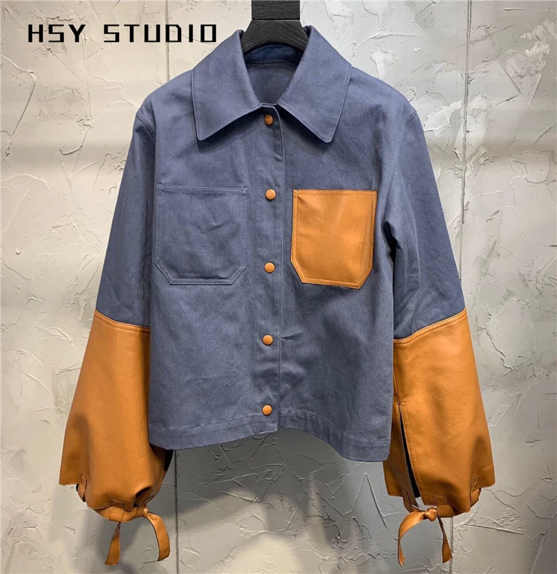 【HSY Studio】2019 autumn new trend women high end casual short coat cut-and-sew leather design long sleeve spread collar jacket
【HSY Studio】2019 autumn new trend women high end casual short coat cut-and-sew leather design long sleeve spread collar jacket